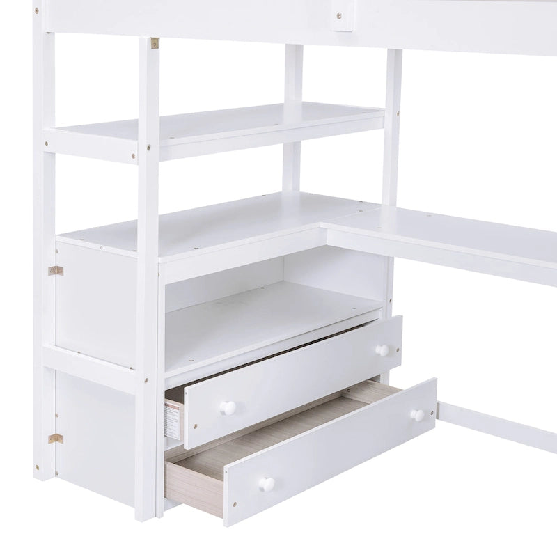 Lit mezzanine en bois massif avec bureau, étagères et tiroirs de rangement