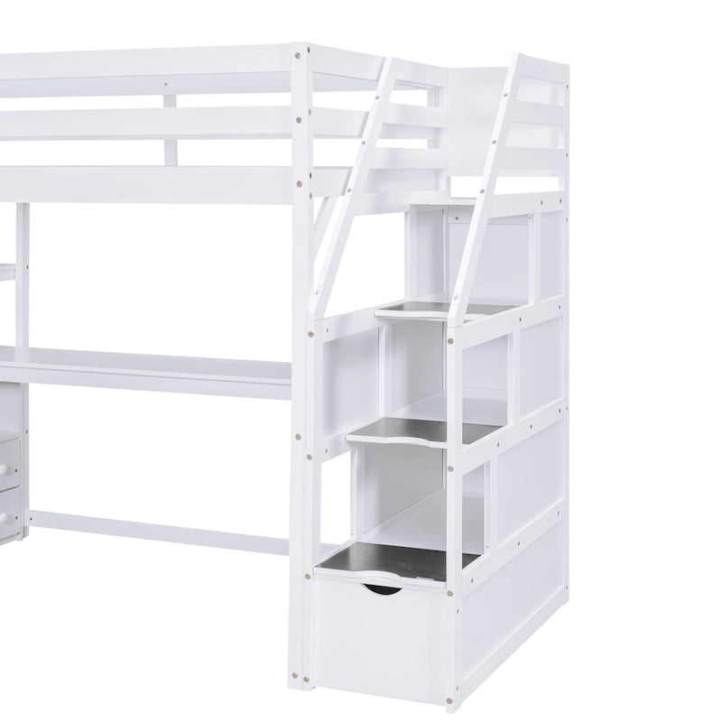 Lit mezzanine en bois massif avec bureau, étagères et tiroirs de rangement