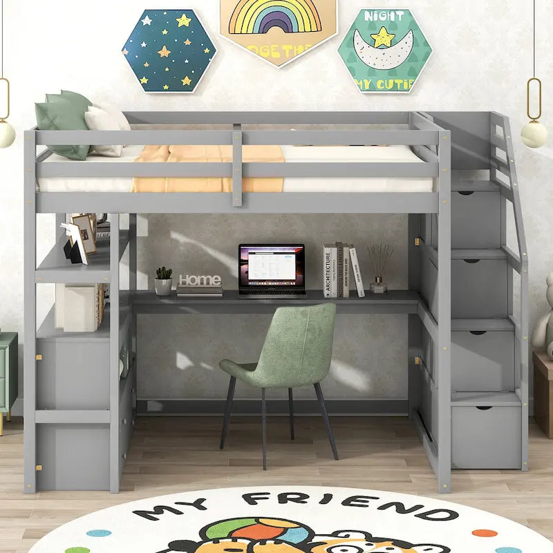 Lit mezzanine en bois massif avec bureau, étagères et tiroirs de rangement