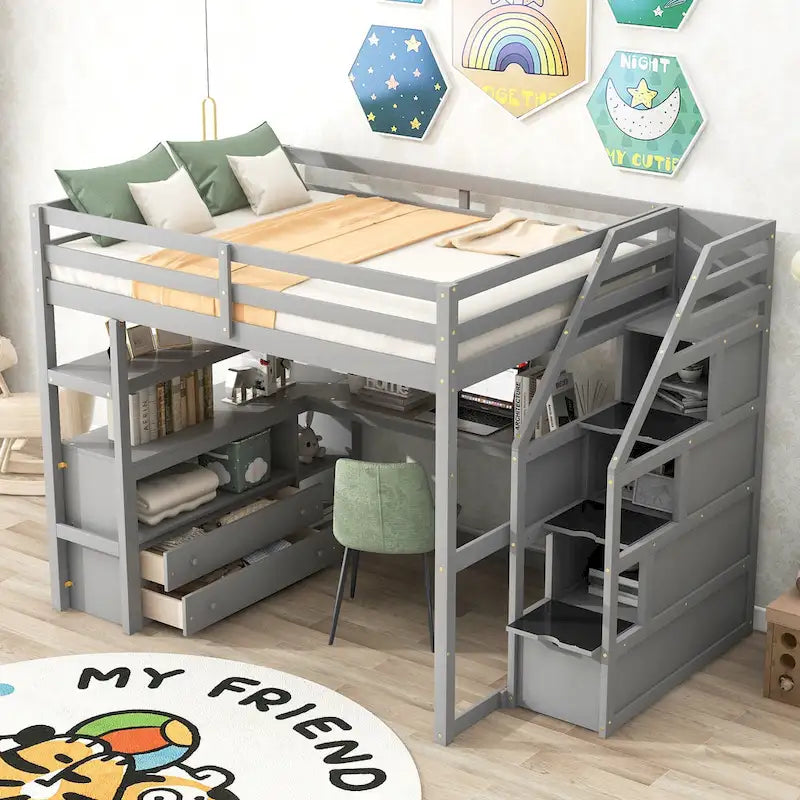 Lit mezzanine en bois massif avec bureau, étagères et tiroirs de rangement