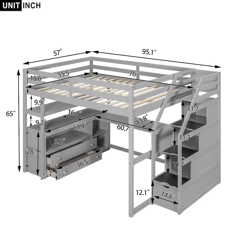Lit mezzanine en bois massif avec bureau, étagères et tiroirs de rangement