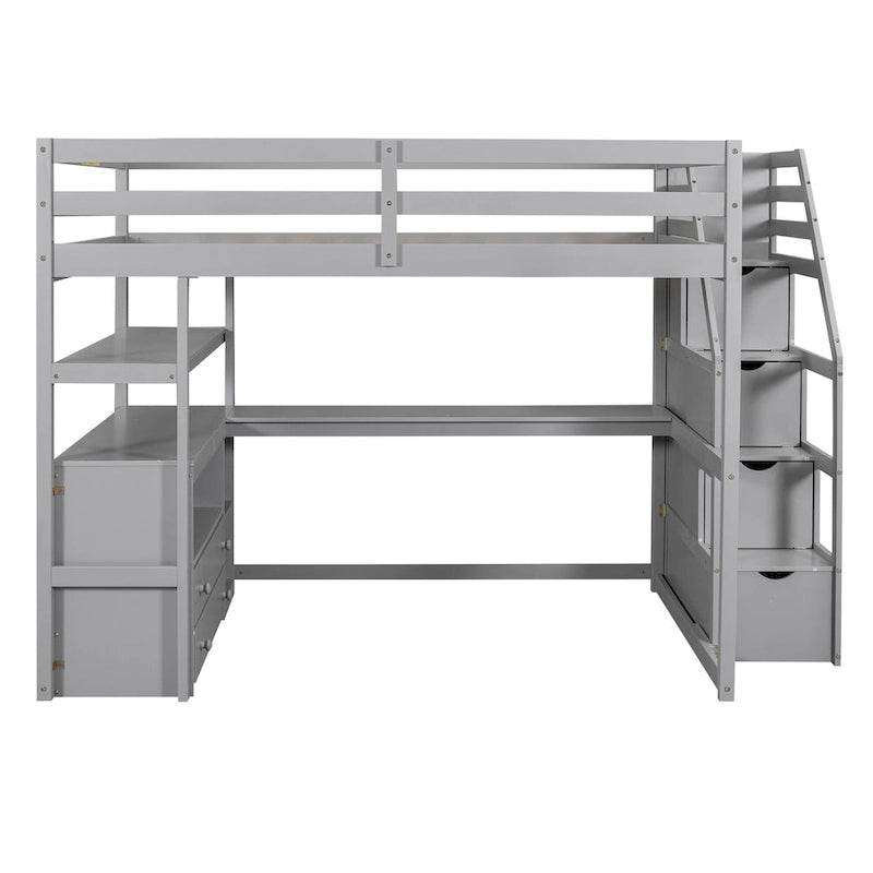 Lit mezzanine en bois massif avec bureau, étagères et tiroirs de rangement