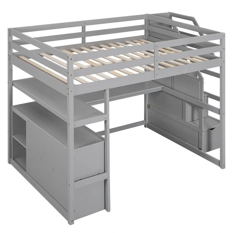 Lit mezzanine en bois massif avec bureau, étagères et tiroirs de rangement