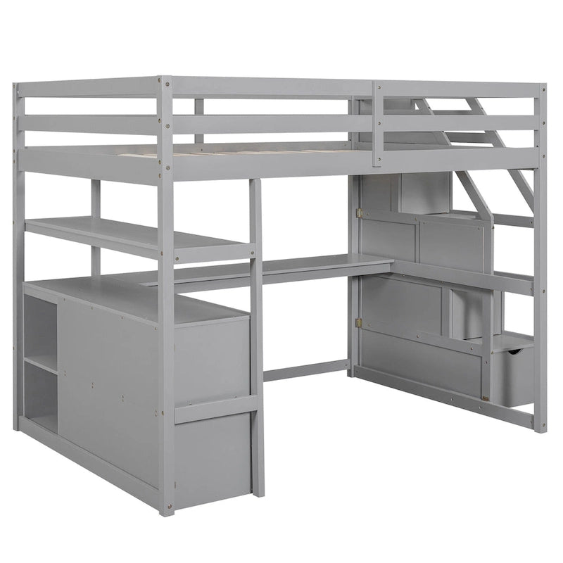 Lit mezzanine en bois massif avec bureau, étagères et tiroirs de rangement