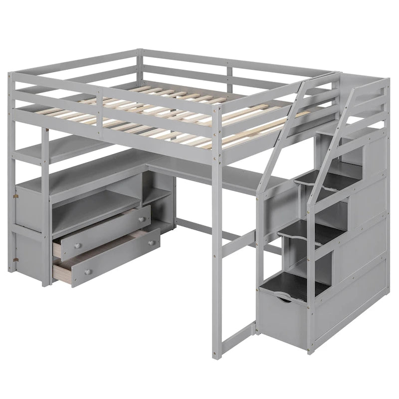 Lit mezzanine en bois massif avec bureau, étagères et tiroirs de rangement