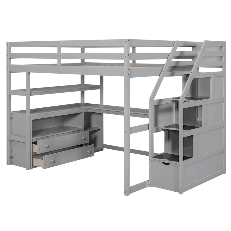 Lit mezzanine en bois massif avec bureau, étagères et tiroirs de rangement