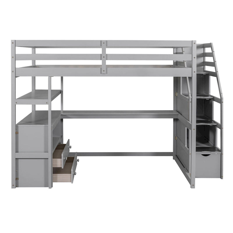 Lit mezzanine en bois massif avec bureau, étagères et tiroirs de rangement