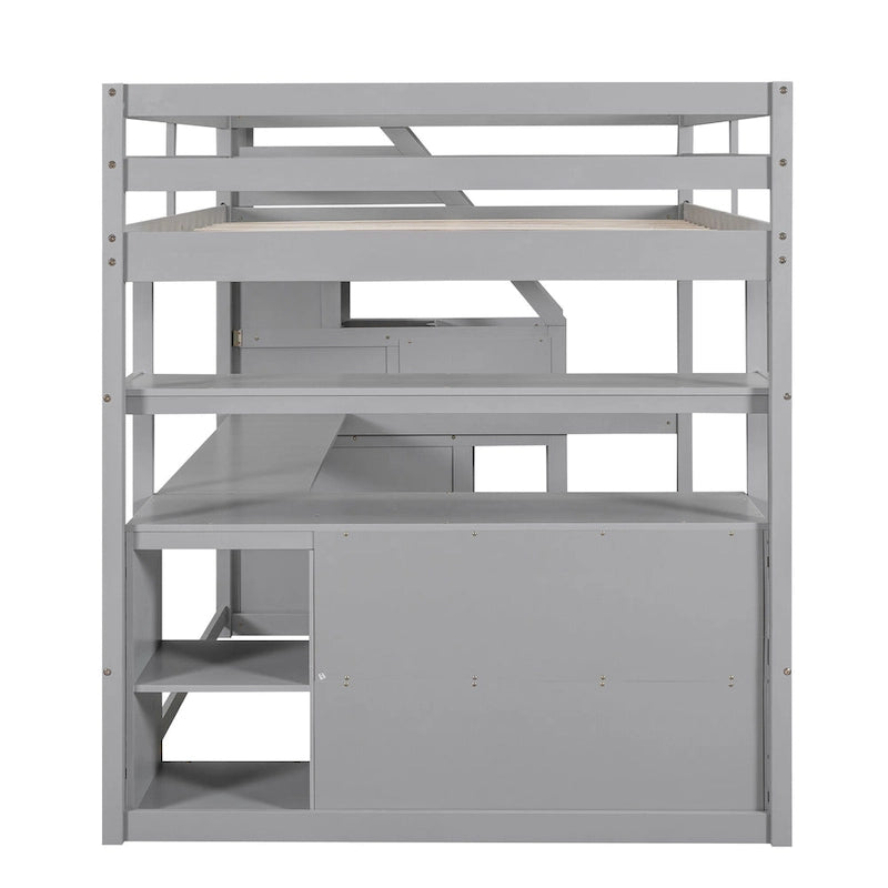 Lit mezzanine en bois massif avec bureau, étagères et tiroirs de rangement