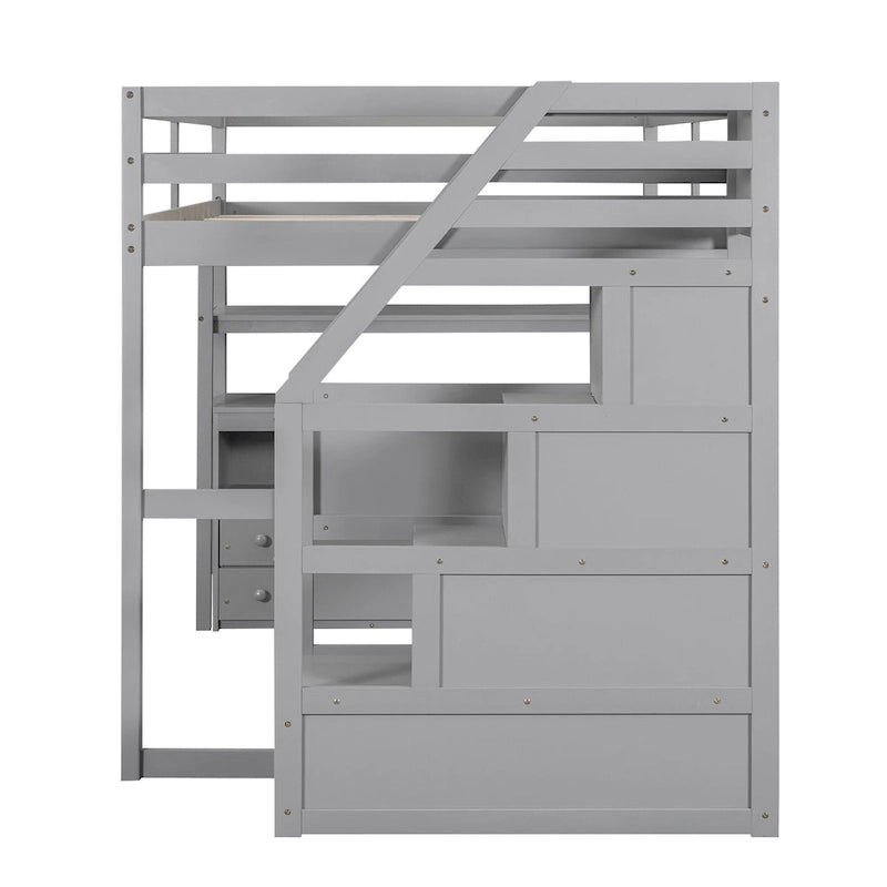 Lit mezzanine en bois massif avec bureau, étagères et tiroirs de rangement