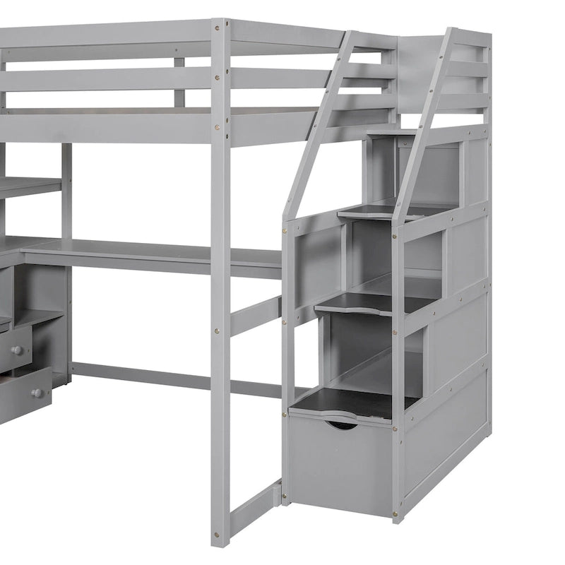 Lit mezzanine en bois massif avec bureau, étagères et tiroirs de rangement