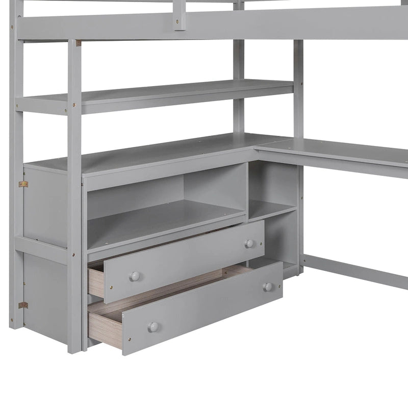 Lit mezzanine en bois massif avec bureau, étagères et tiroirs de rangement