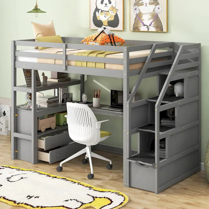 Lit mezzanine en bois massif avec bureau, étagères et tiroirs de rangement