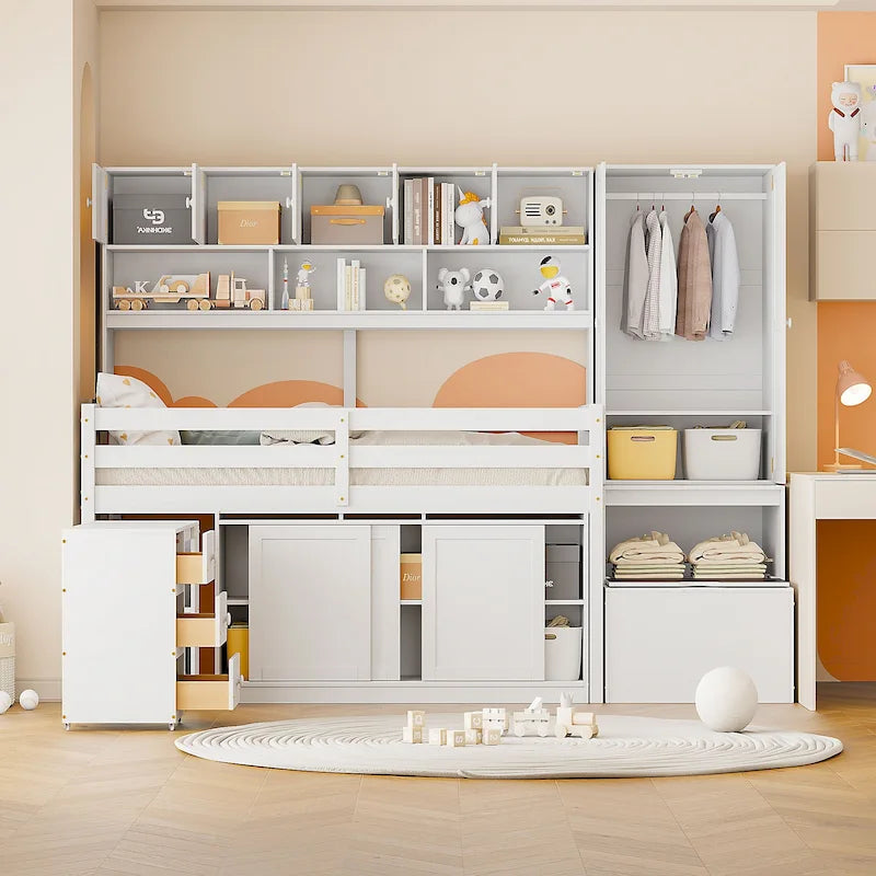 Lit mezzanine blanc en bois pour jumeaux avec armoire, bureau roulant et escalier de rangement