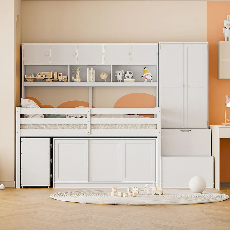 Lit mezzanine blanc en bois pour jumeaux avec armoire, bureau roulant et escalier de rangement