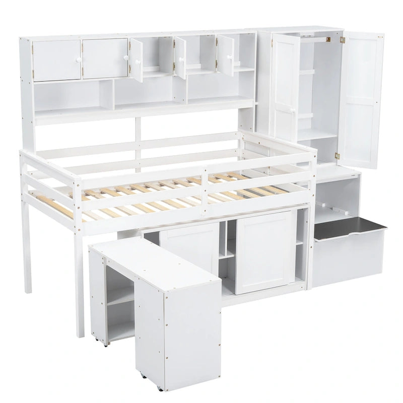 Lit mezzanine blanc en bois pour jumeaux avec armoire, bureau roulant et escalier de rangement