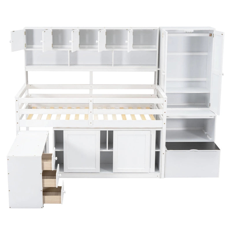 Lit mezzanine blanc en bois pour jumeaux avec armoire, bureau roulant et escalier de rangement