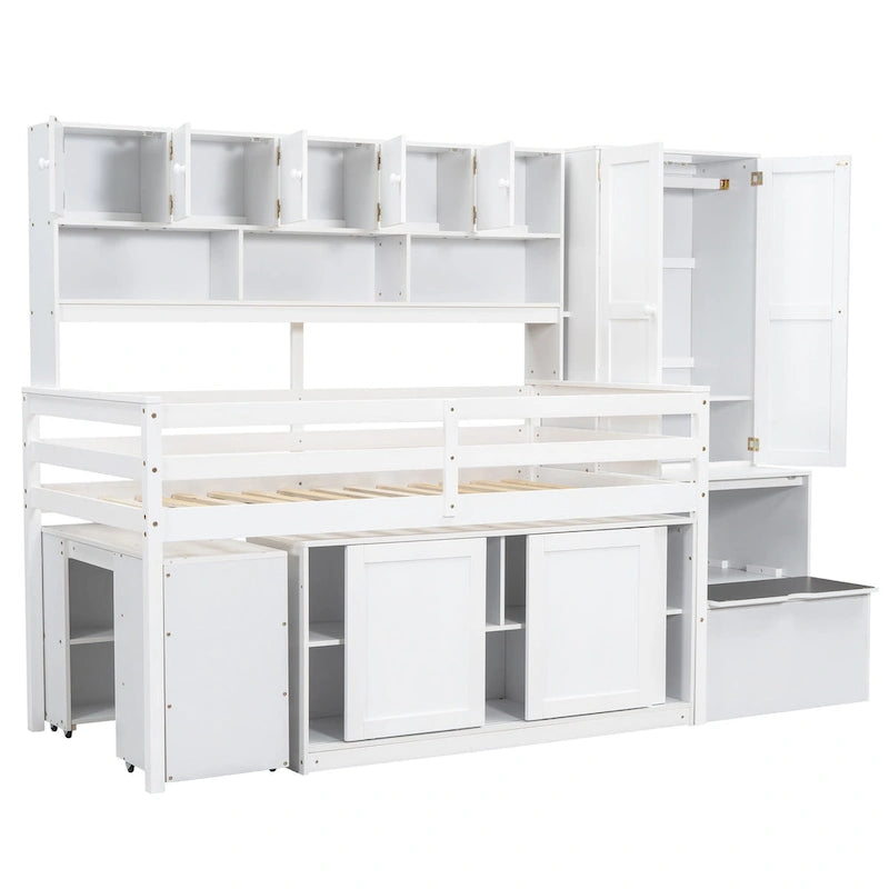 Lit mezzanine blanc en bois pour jumeaux avec armoire, bureau roulant et escalier de rangement