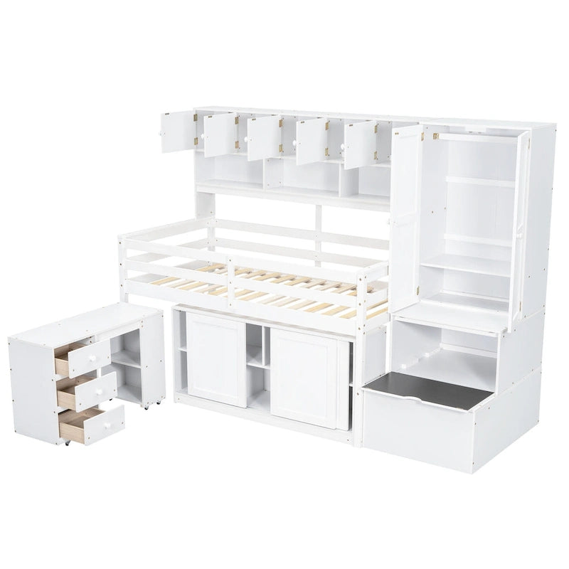 Lit mezzanine blanc en bois pour jumeaux avec armoire, bureau roulant et escalier de rangement