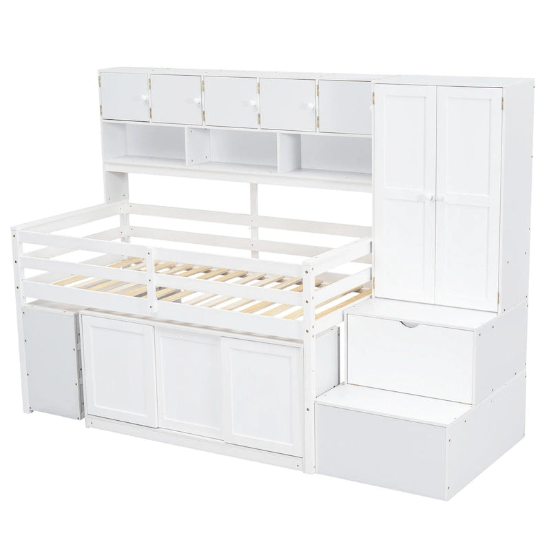 Lit mezzanine blanc en bois pour jumeaux avec armoire, bureau roulant et escalier de rangement