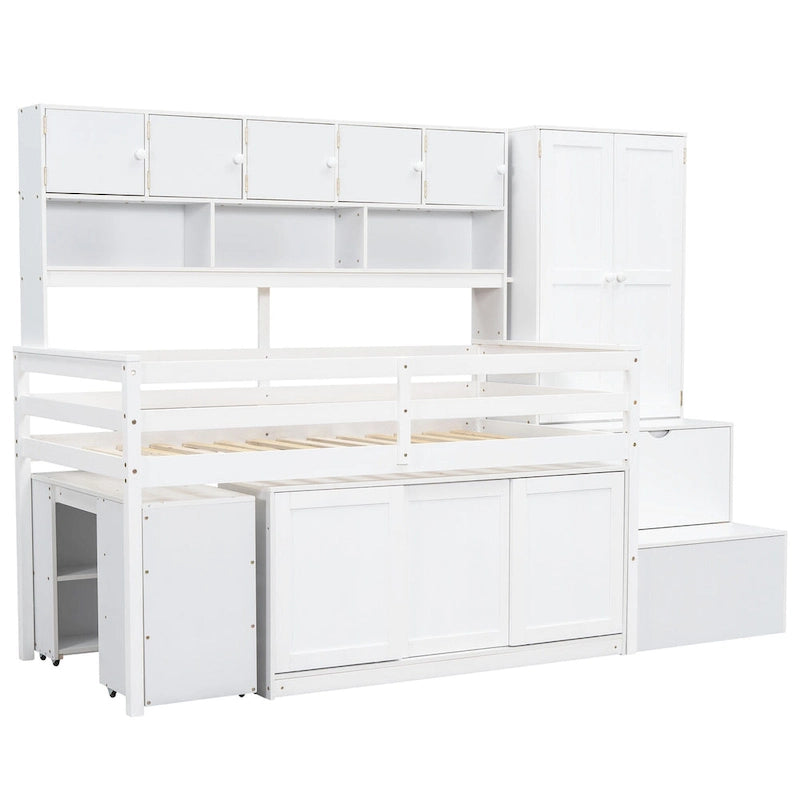 Lit mezzanine blanc en bois pour jumeaux avec armoire, bureau roulant et escalier de rangement