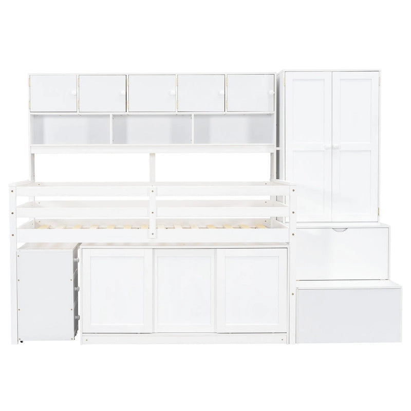 Lit mezzanine blanc en bois pour jumeaux avec armoire, bureau roulant et escalier de rangement