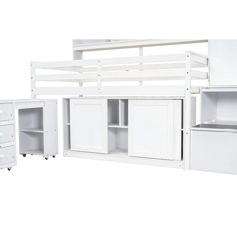 Lit mezzanine blanc en bois pour jumeaux avec armoire, bureau roulant et escalier de rangement