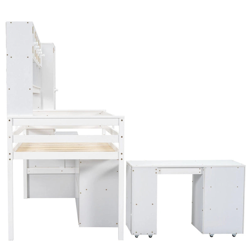 Lit mezzanine blanc en bois pour jumeaux avec armoire, bureau roulant et escalier de rangement