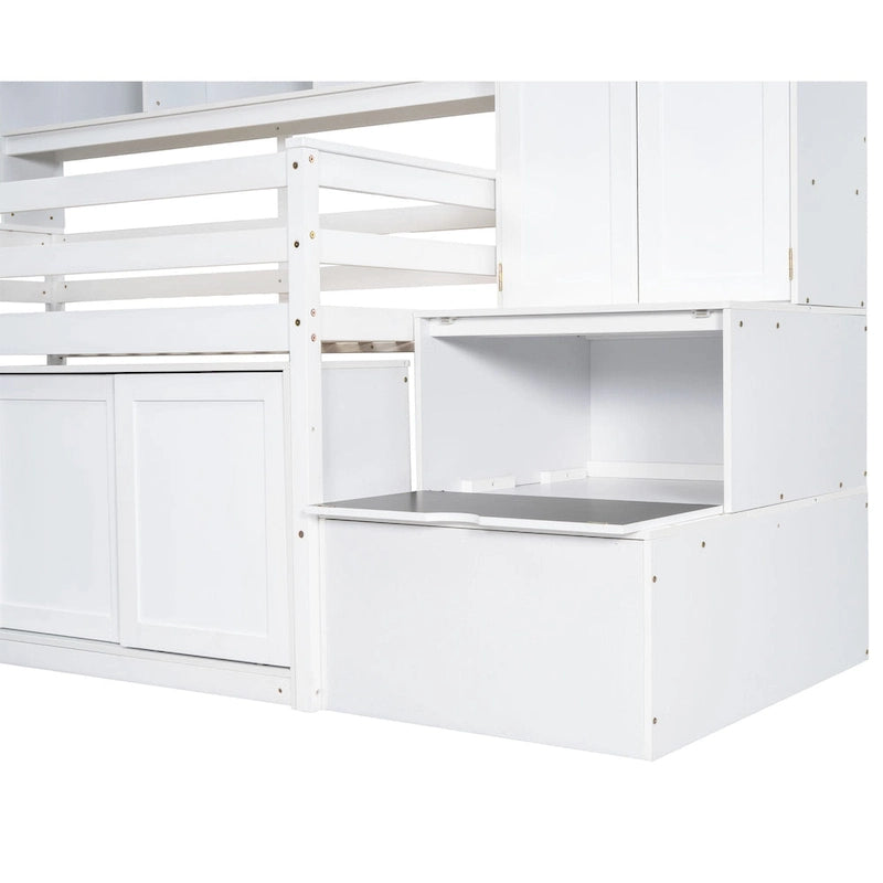 Lit mezzanine blanc en bois pour jumeaux avec armoire, bureau roulant et escalier de rangement