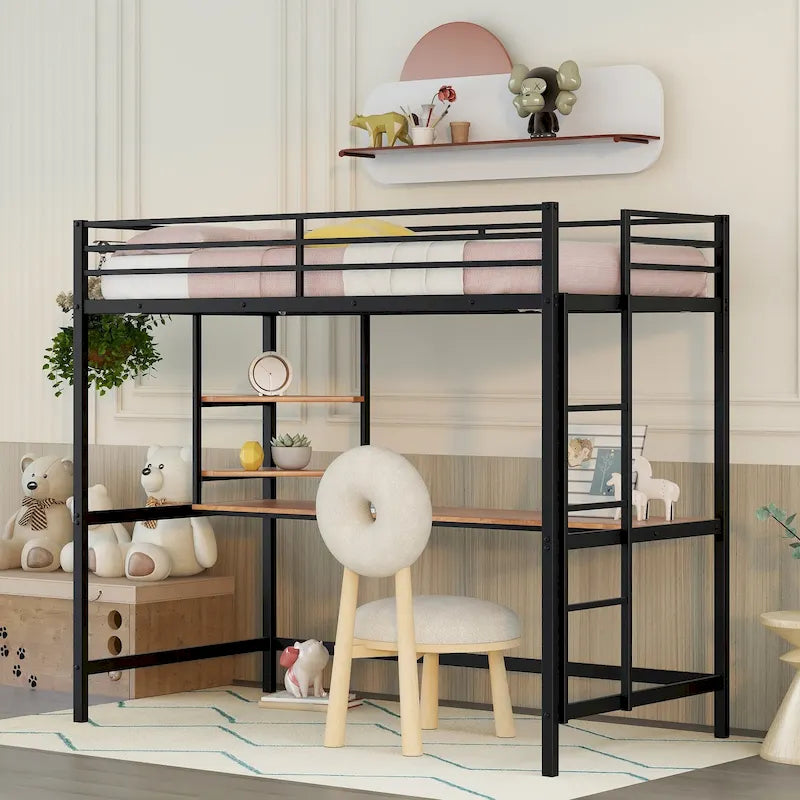 Lit mezzanine simple en métal avec bureau, échelle et étagère