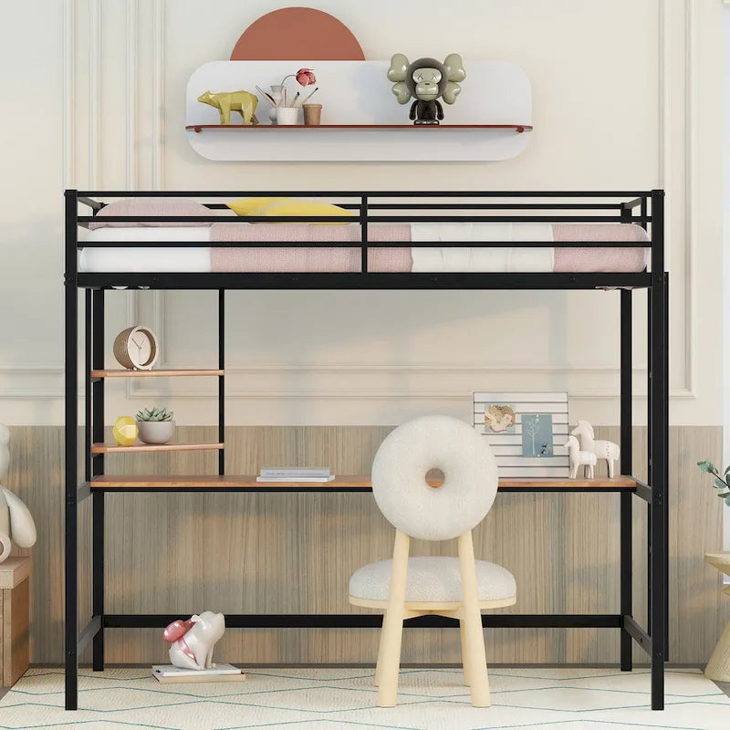 Lit mezzanine simple en métal avec bureau, échelle et étagère
