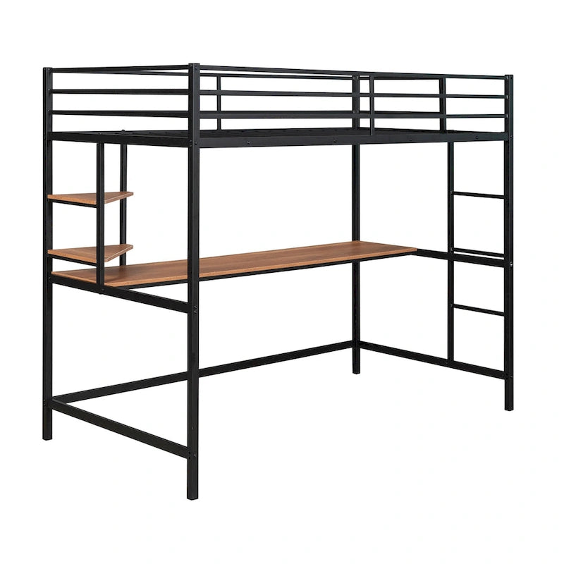 Lit mezzanine simple en métal avec bureau, échelle et étagère