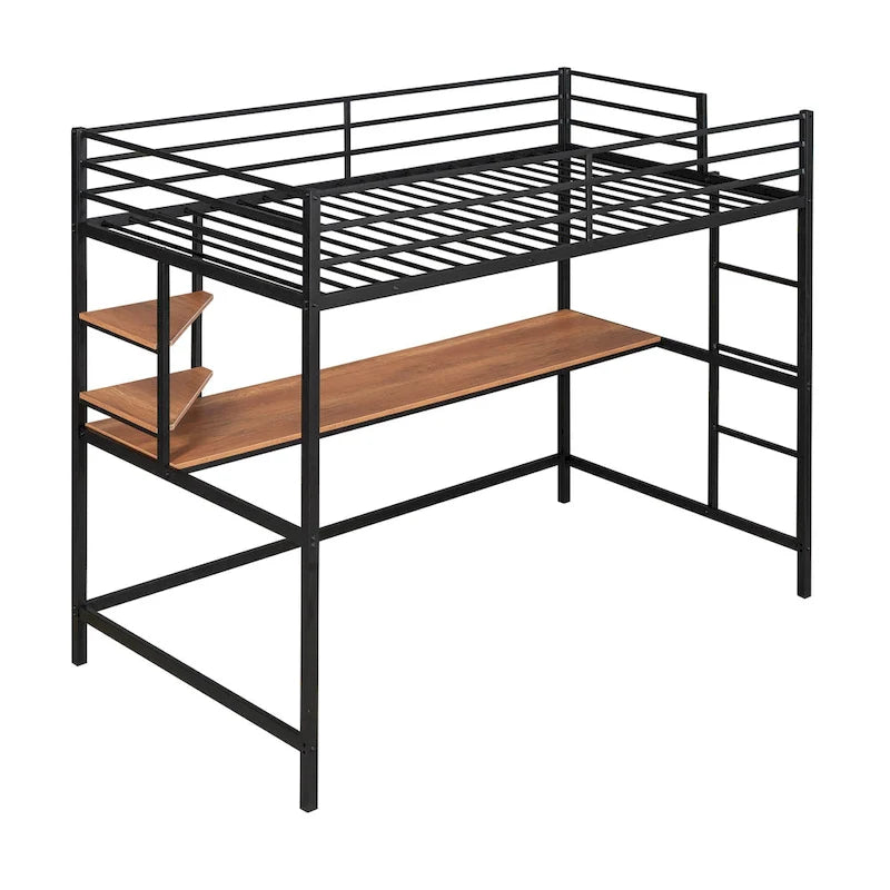 Lit mezzanine simple en métal avec bureau, échelle et étagère