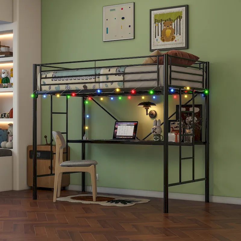 Lit mezzanine double en métal noir avec bureau et éclairage LED