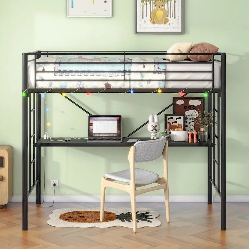 Lit mezzanine double en métal noir avec bureau et éclairage LED