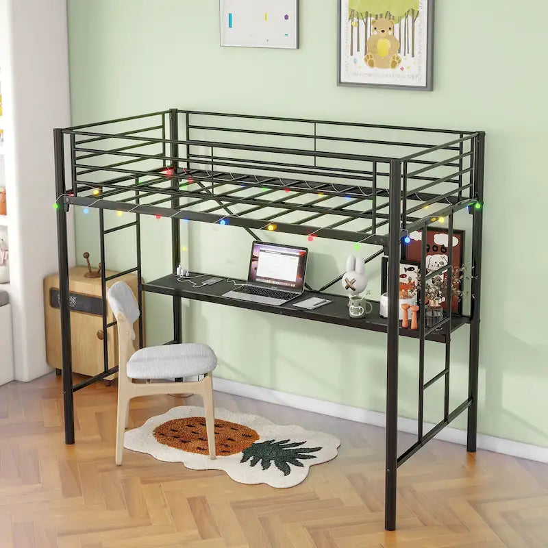 Lit mezzanine double en métal noir avec bureau et éclairage LED