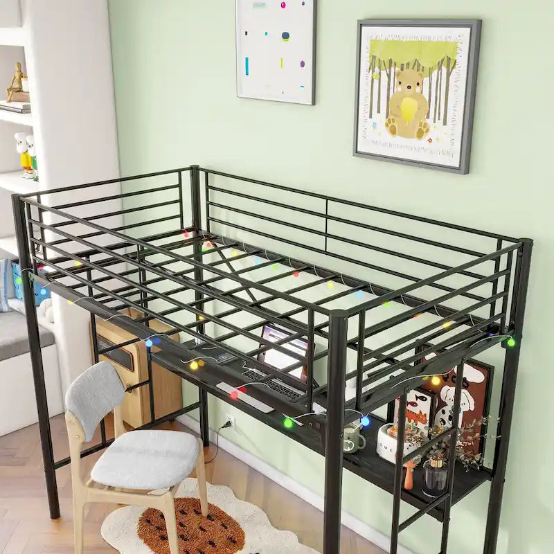 Lit mezzanine double en métal noir avec bureau et éclairage LED