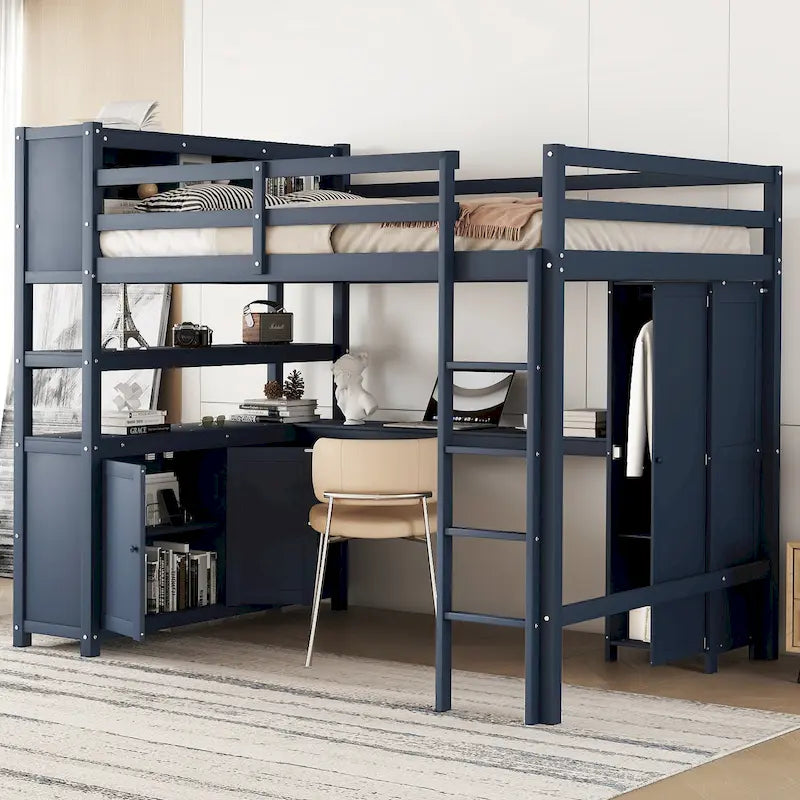 Lit mezzanine pleine grandeur en pin avec armoire, bureau en L, placard et étagères