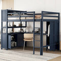 Lit mezzanine pleine grandeur en pin avec armoire, bureau en L, placard et étagères