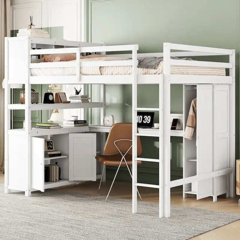 Lit mezzanine pleine grandeur en pin avec armoire, bureau en L, placard et étagères