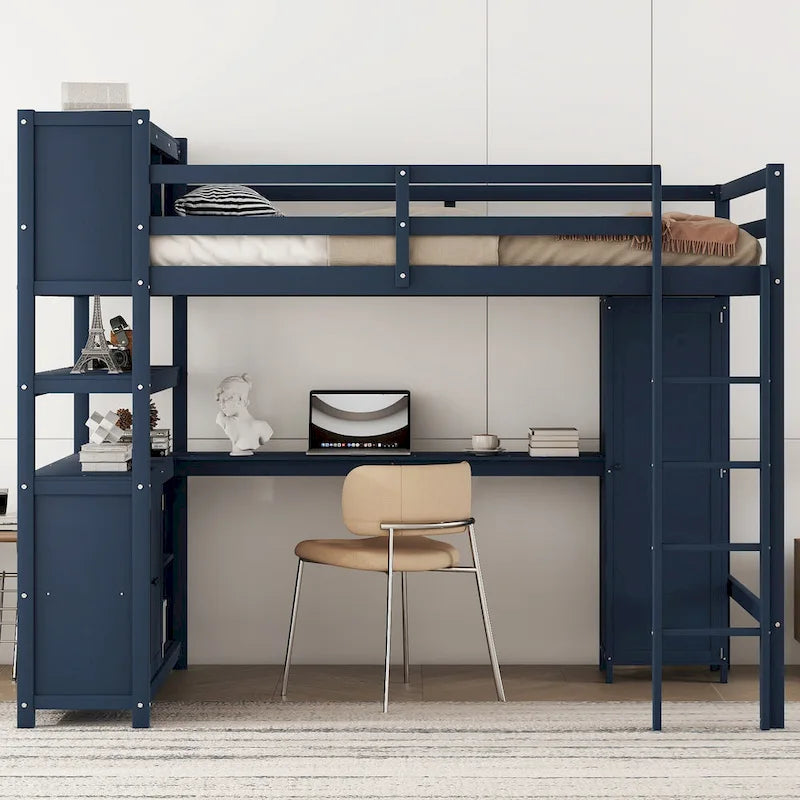 Lit mezzanine pleine grandeur en pin avec armoire, bureau en L, placard et étagères