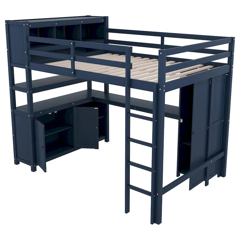 Lit mezzanine pleine grandeur en pin avec armoire, bureau en L, placard et étagères