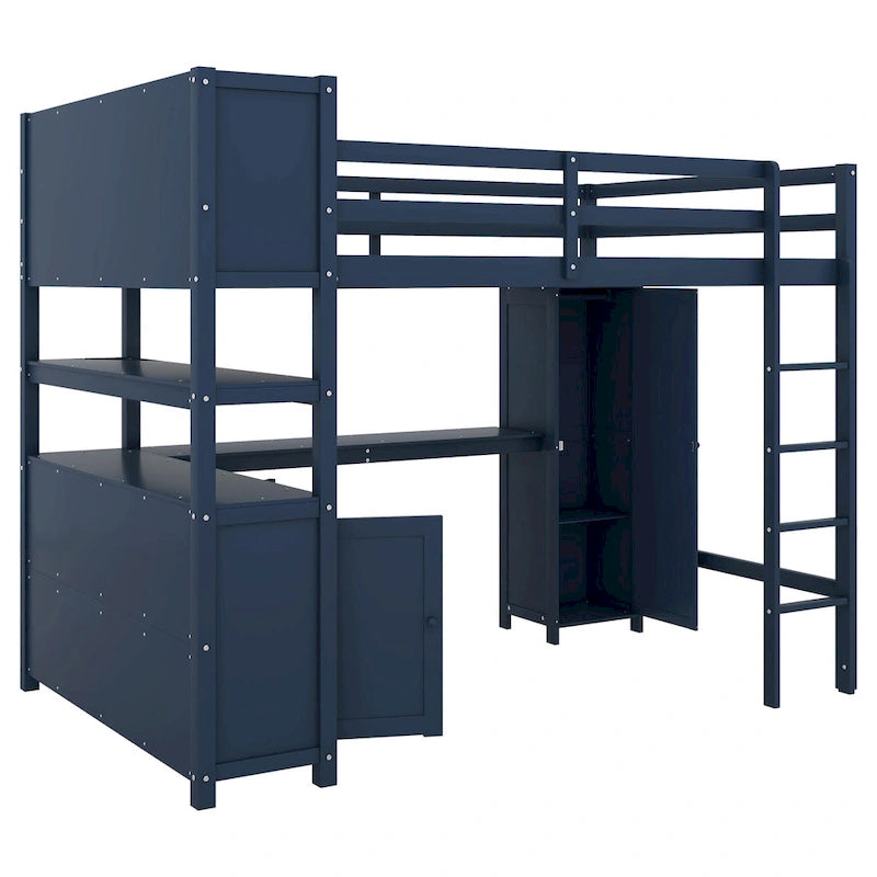 Lit mezzanine pleine grandeur en pin avec armoire, bureau en L, placard et étagères