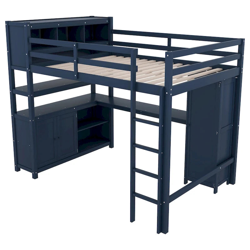 Lit mezzanine pleine grandeur en pin avec armoire, bureau en L, placard et étagères
