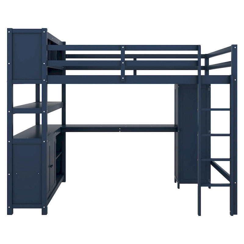Lit mezzanine pleine grandeur en pin avec armoire, bureau en L, placard et étagères