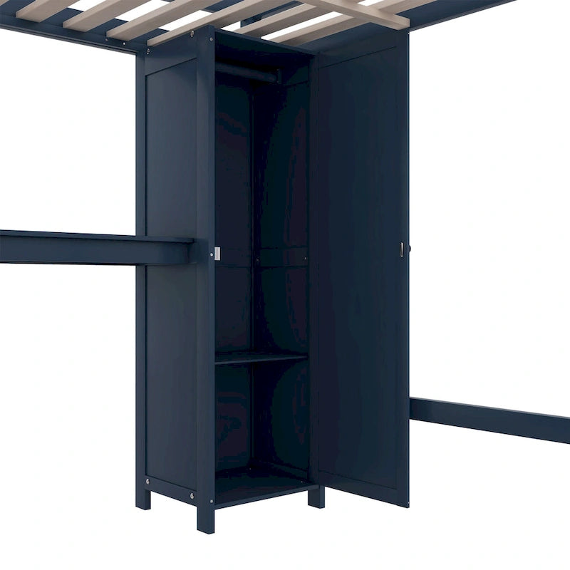 Lit mezzanine pleine grandeur en pin avec armoire, bureau en L, placard et étagères
