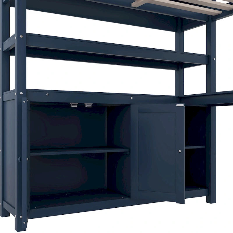 Lit mezzanine pleine grandeur en pin avec armoire, bureau en L, placard et étagères
