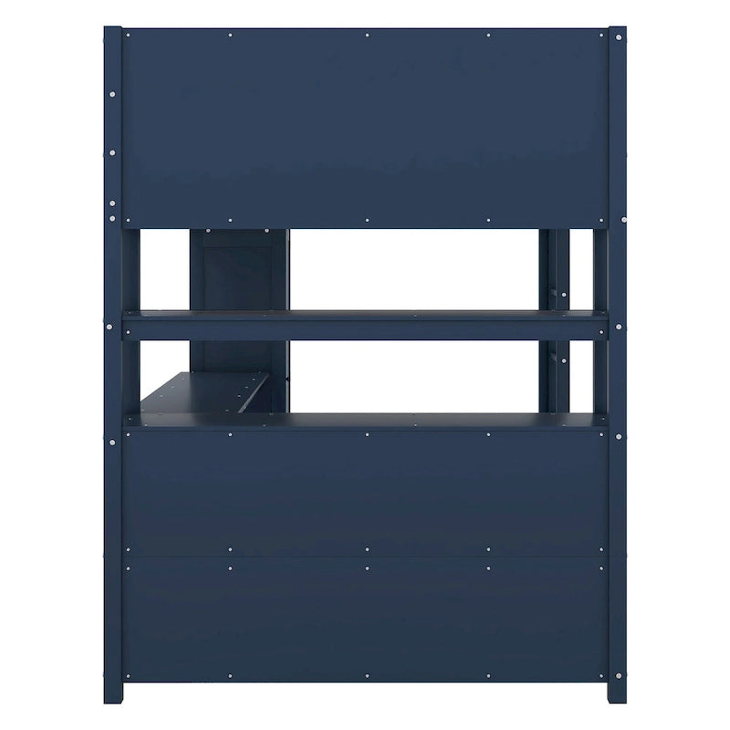 Lit mezzanine pleine grandeur en pin avec armoire, bureau en L, placard et étagères