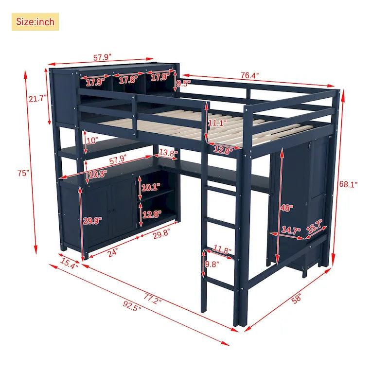 Lit mezzanine pleine grandeur en pin avec armoire, bureau en L, placard et étagères