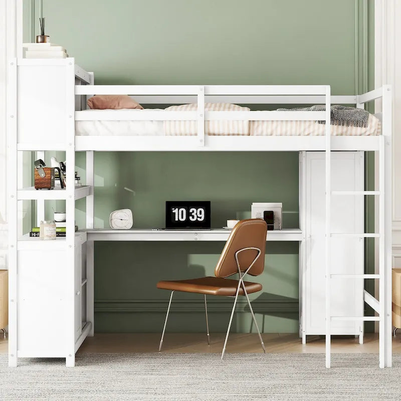 Lit mezzanine pleine grandeur en pin avec armoire, bureau en L, placard et étagères