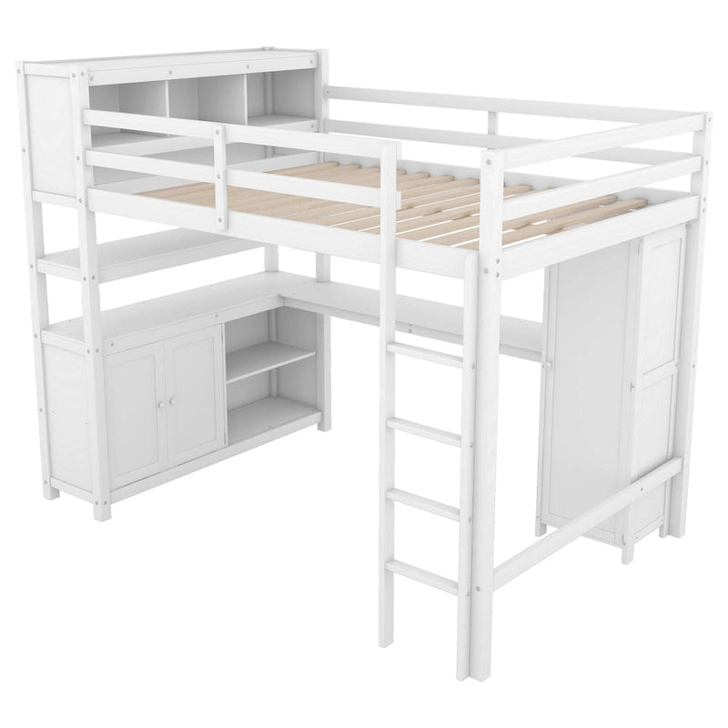 Lit mezzanine pleine grandeur en pin avec armoire, bureau en L, placard et étagères